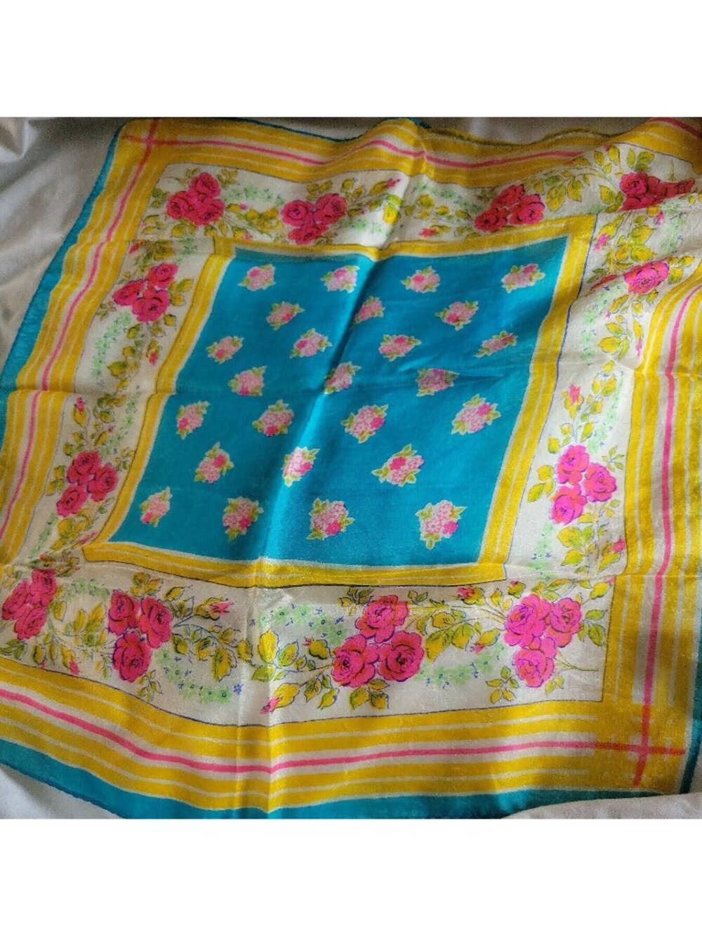 Vintage Ladies Handkerchief Bright Pink Yellow Blue Green Floral  Stripe 16 Inch